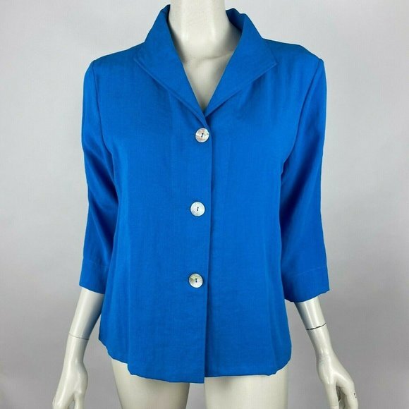 Fridaze Sailor Jacket Linen Button Up Collared V-neck‎ 3/4 Sleeve Blue Women M - Picture 4 of 11